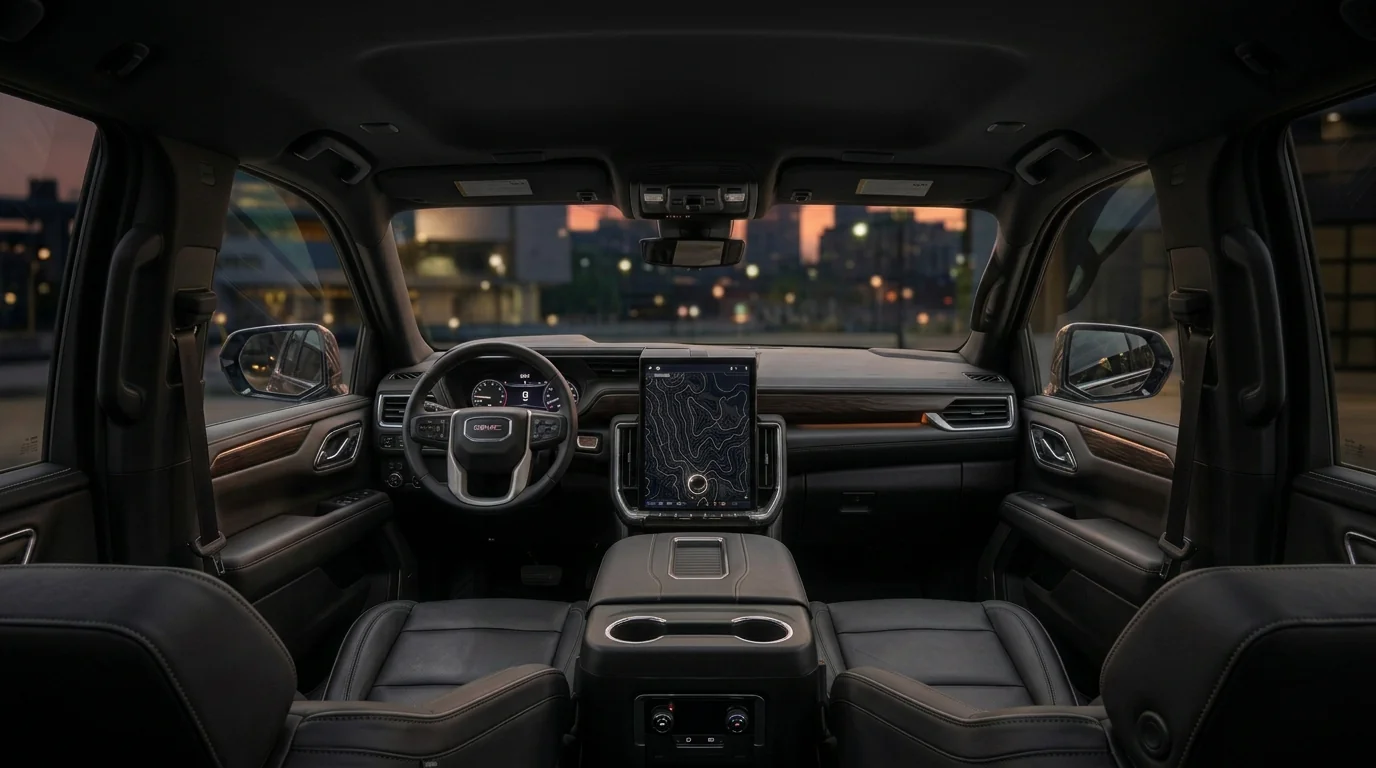 GMC Yukon black leather cabin viewed from the rear seat with warm lighting and city lights through the windshield
